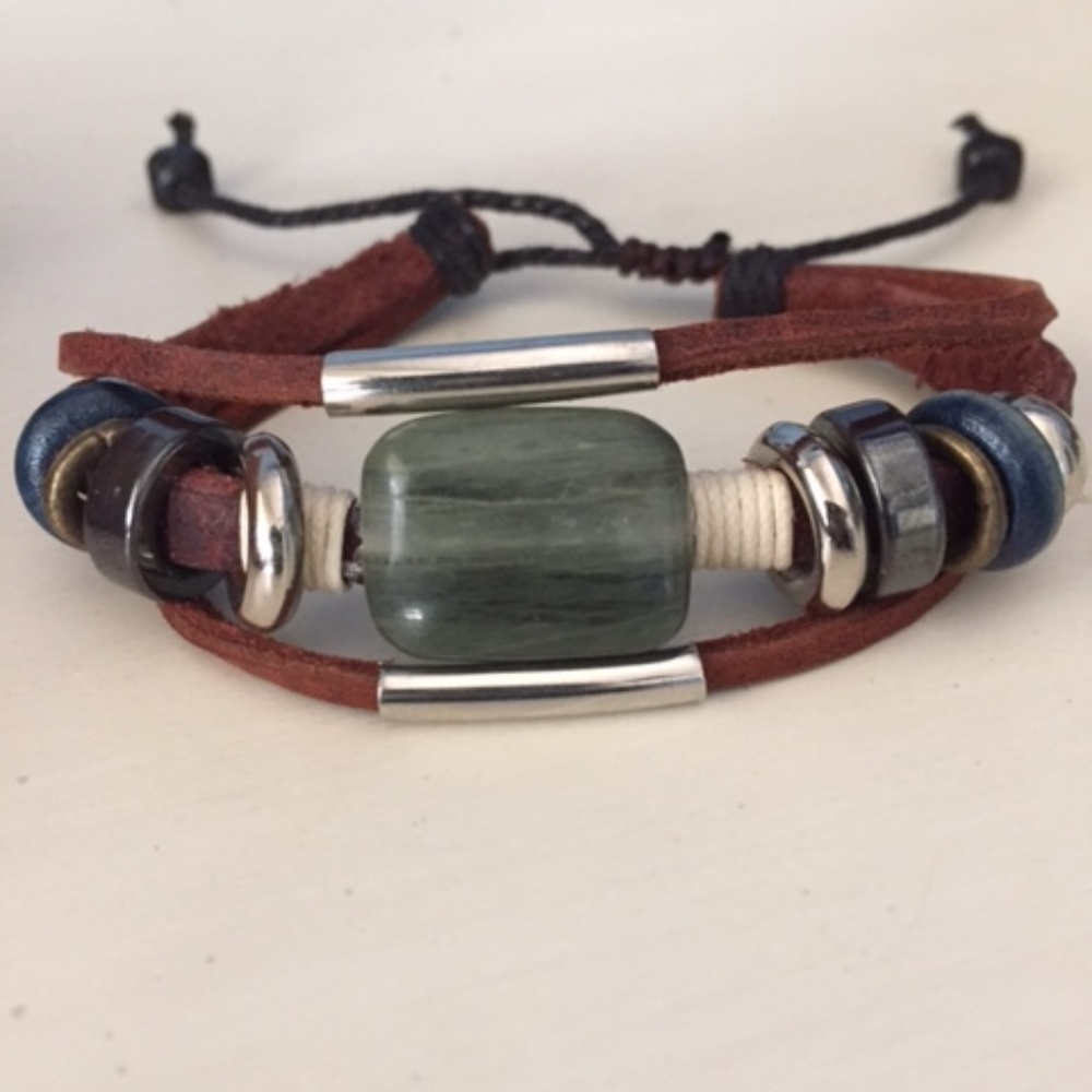 Leather stranded and stone bracelet
